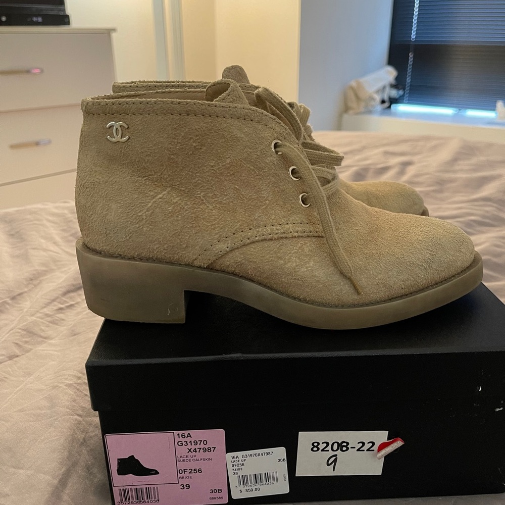 Chanel suede lace up calfskin booties